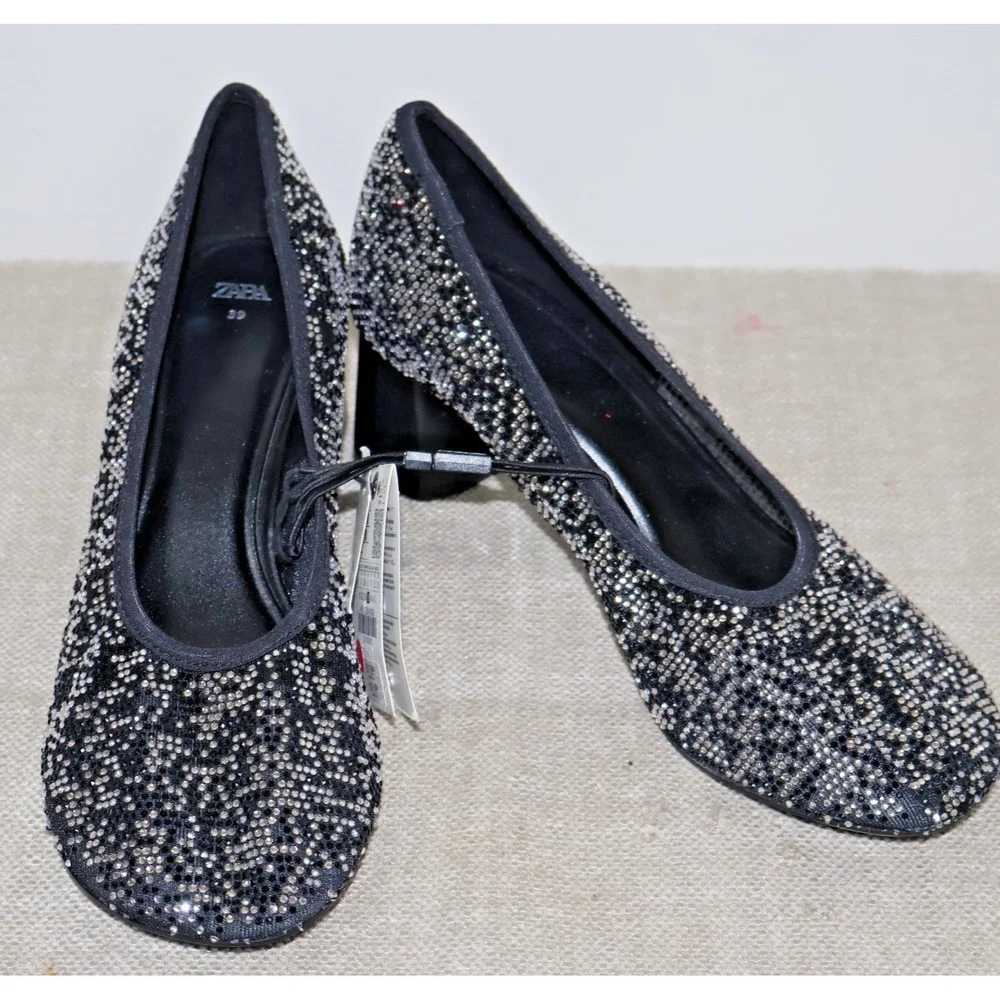 ZARA WOMEN SHOES SIZE 8/39 BLACK SLIVER RHINESTONES‎ SPARKLES